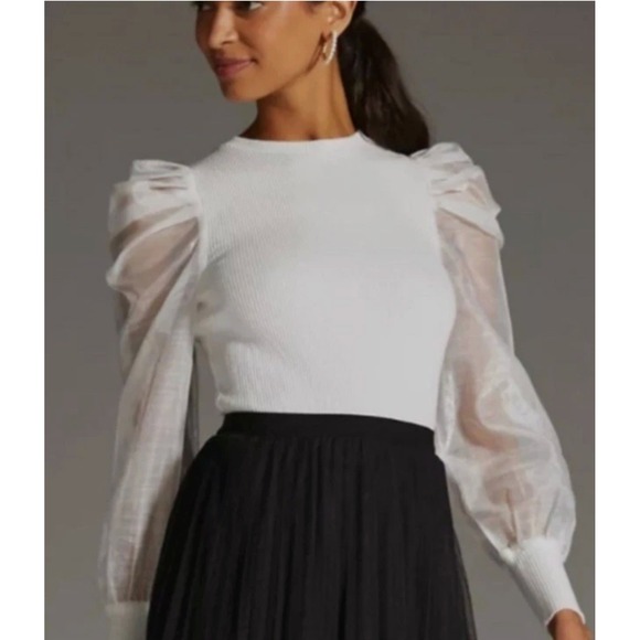 Anthropologie Dolan Sheer Puff Sleeve Ribbed Top Sweater Organza Ivory White‎ S - Picture 2 of 15